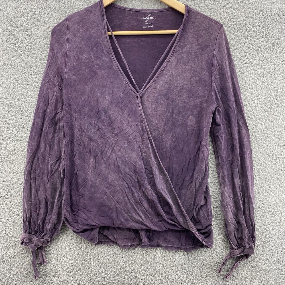 Alya Purple Popover Twist Front Long Sleeve Flowy Shimmer Blouse Womens Size XS
